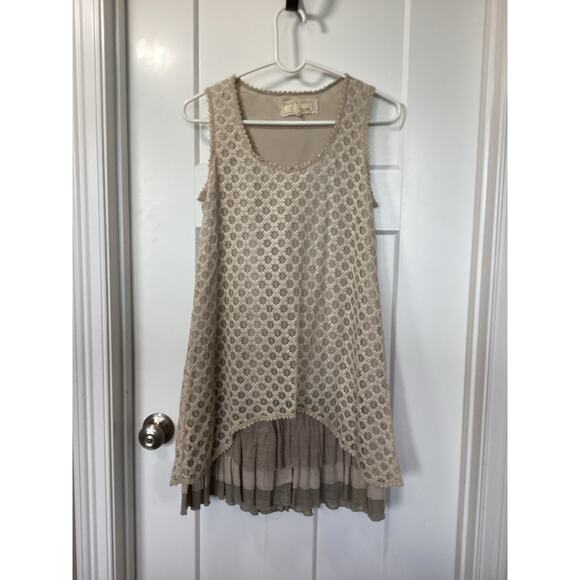 A'reve Women's Pleated tiered ruffle Lace Boho Mini Dress Taupe Beige Size Small - Picture 1 of 7